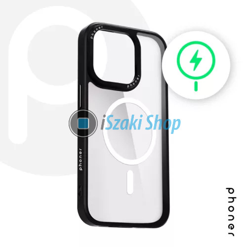 Phoner Custom Hybrid Apple iPhone 15 MagSafe kompatibilis hátlap tok, fekete (fekete gombokkal)