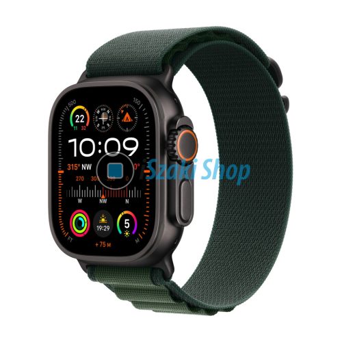 APPLE Watch Ultra 2 GPS + Cellular, 49mm, fekete titántok, sötétzöld Alpesi pánt, M (MX4R3CM/A)